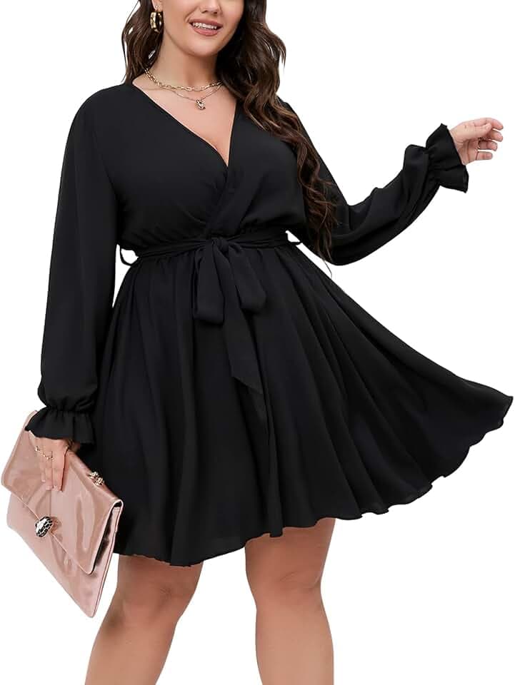 SCOMCHIC Women's Plus Size Long Sleeve Wrap V Neck A Line Mini Dress