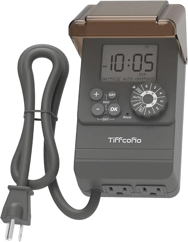 TiFFCOFiO Outdoor Digital Pool Timer, Dial Programmable Method, Outdoor Timer with 2FT Extension Cord Waterproof, 2 Grounded Electrical Outlets for Lights, 6 Sets of Programs,1HP (20A)