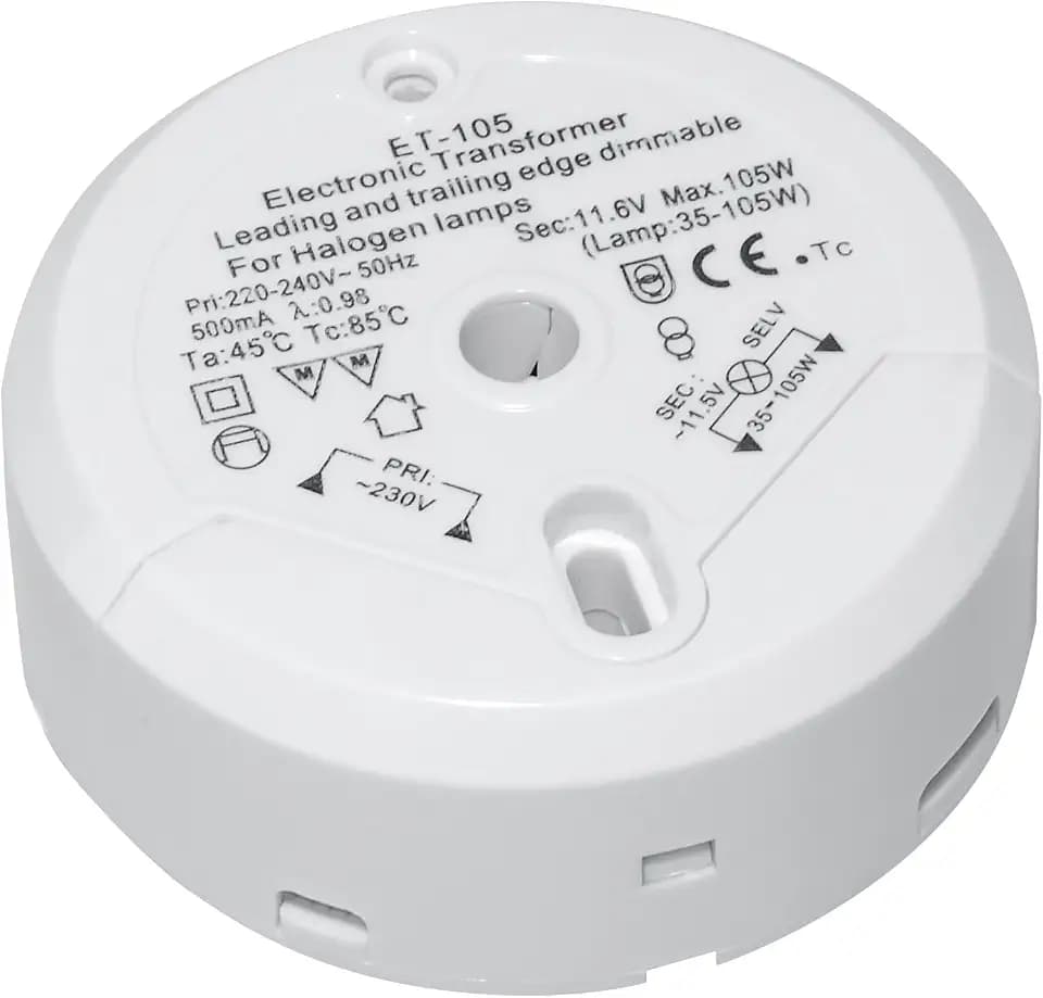Halogen-Transformator Transmedia LT5-3L, 230/12V/35-105W, Überlastschutz, Temperatursicherung, nicht fallbar, ø 85 x 32 mm