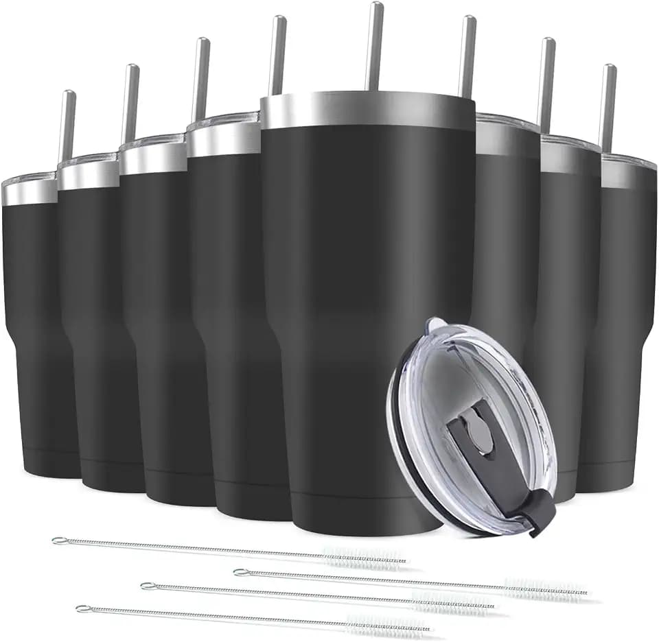 30oz Tumbler Vacuum Insulated Travel Mug with Lids, Stainless Steel Double Wall Bulk Cup for Home, Office, Outdoor Suitable for Vehicle Cup Holders(Set of 8, Black)