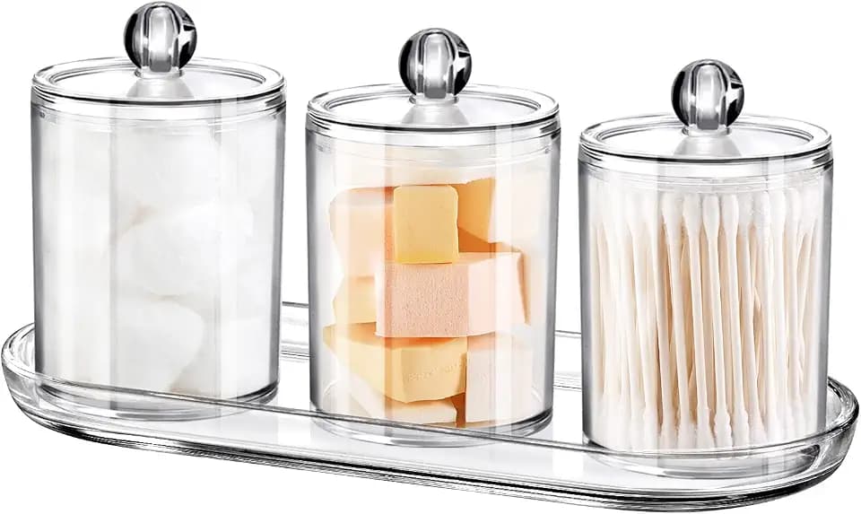 SheeChung 3 PCS Qtip Holder Bathroom Set with Tray, Acrylic Apothecary Jars
