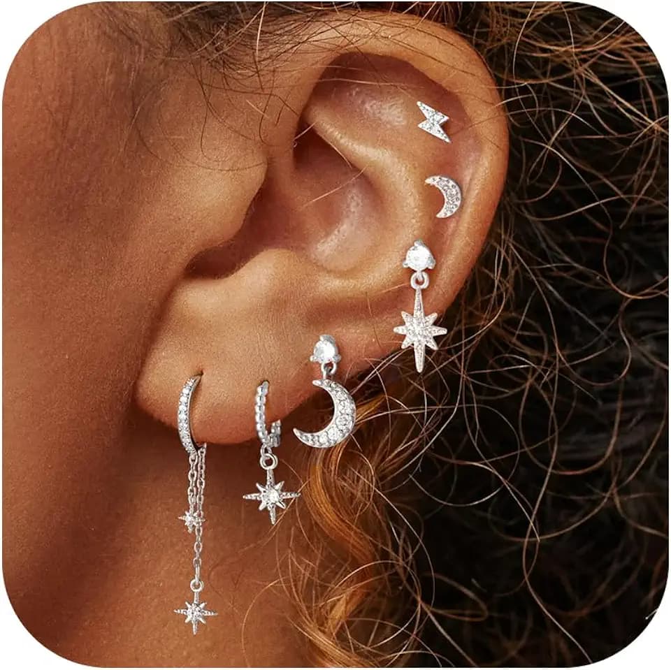 Gold/Silver Star and Moon Earrings, Hypoallergenic Stackable Earrings