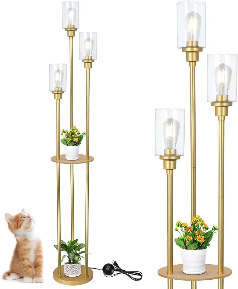 HMVPL Floor Lamps for Living Room, Gold Floor Lamp with Shelves, 3-Lights Modern Brass Standing Lamp with Glass Shades, On/Off Foot Switch, Mid Century Tall Lamp for Bedroom Corner Office(66")