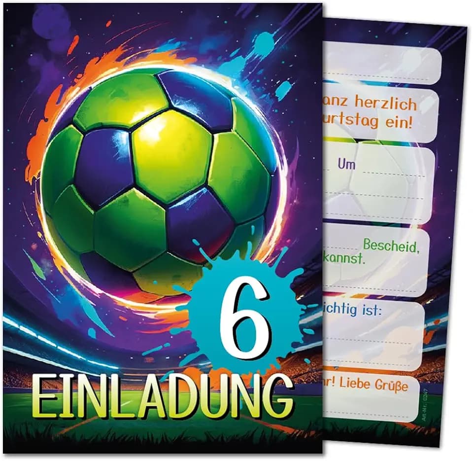 12 Einladungskarten zum 6. Kindergeburtstag Jungen Jungs Mädchen Fussball Fußball coole bunte Einladungen sechste Geburtstag Kinder Jungsgeburtstag Soccer Kinderparty Teens Geburtstagseinladungen