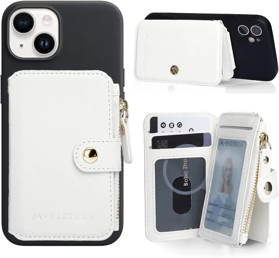 M-Plateau Phone Wallet Stick on, PU Leather Card Holder with Zipper Pocket Compatible with iPhone Case (White)