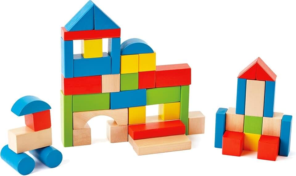 Hape Bunte Holzbausteine – hochwertiges Holzspielzeug zum Stapeln, Bauen und Lernen, 50 Leuchtend Bunte Holzbausteine, fördert Kreativität, Motorik und räumliches Denken, für Kinder ab 12 Monaten