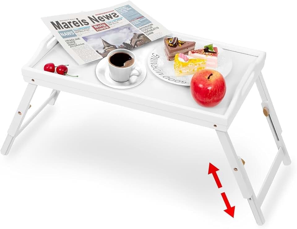 Mayyol Breakfast Bed Tray for Eating - Height Adjustable Raised Food Table - Bamboo Serving Tray on Lap Sofa - Portable Snack Platter with Folding Legs Ideal for Bedroom, Picnic - White