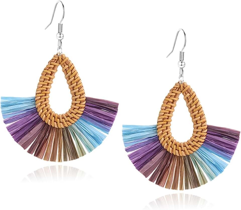 Boho Summer Beach Earrings for Women Lightweight Straw Wicker Earring Statement Raffia Fan Round Tassel Dangle Drop Earrings Hawaii Jewelry