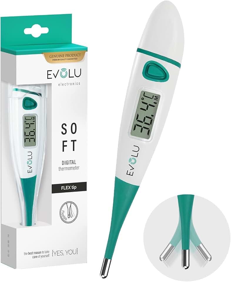 Evolu Wasserdichtes Flexibles Digitales Thermometer Messung in Mund, Rektal oder Achsel mit flexibler Messspitze in 10 Sek - Babys, Kinder, Erwachsene - hohe Präzision - mit Aufbewahrungsbox