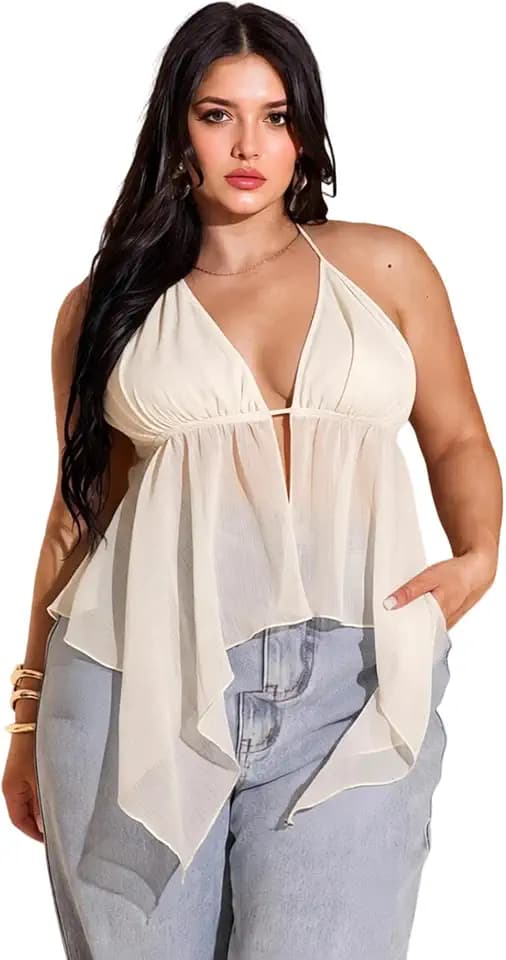 SOLY HUX Women's Plus Size Halter Top Y2k Sexy V Neck Flowy Summer Club Top
