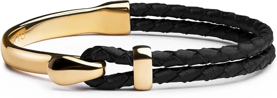 Elegatto Signature Gold Bracelet for Men | Braided Full-Grain Black Leather with 18k Gold-Plated Stainless Steel Hook Closure | Men’s Designer Jewelry Bracelets