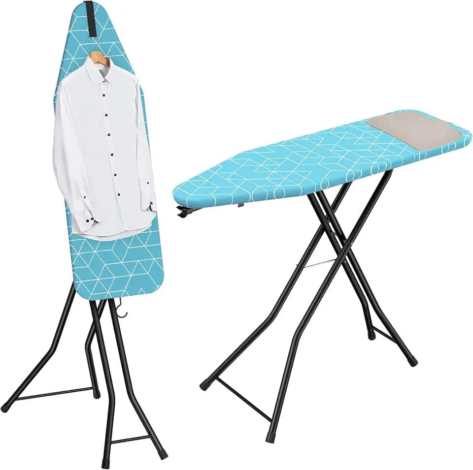 LyriFine Bügelbrett mit Bügeleisenablage, 2-in-1 Bügeltisch für Dampfbügeln & klassisches Bügeln, hitzebeständige Auflage, klappbar mit Haken, Stabiler Stahl, Bügelbrett für Dampfbügelstation, Blau