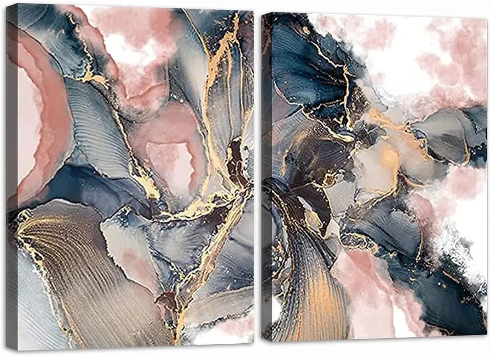 LZIMU Abstract Canvas Prints Wall Art 2 Panel Texture Paint Stains Blue Rose Gold and Pink Picture Wall Decor For Bathroom Bedroom Living Room (12"x16"x2 (30x40cmx2))