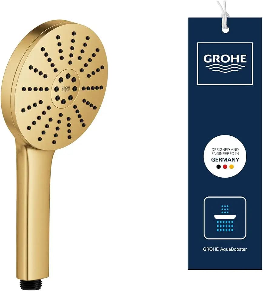 GROHE Vitalio Joy+ 120, wassersparender Duschkopf mit Boost-Funktion für mehr Strahlpower, 6l pro Min (Handbrause mit 3 Strahlarten inkl. AquaBooster, Universalanschluss), gold, 134863GN00
