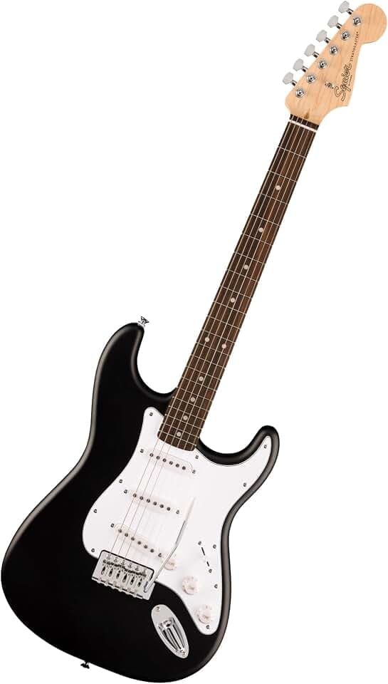 Squier by Fender Debut Stratocaster Einsteiger-E-Gitarre, Schwarz | E-Gitarre für Einsteiger und Kinder, kostenlose Online-Kurse, leicht bespielbarer Hals, erschwingliche Fender-Qualität