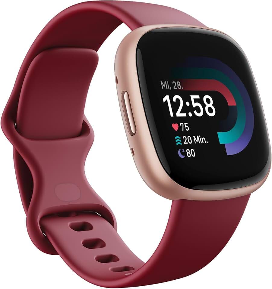 Fitbit Google Versa 4 Smartwatch Fitness Tracker enthält eine 3 monatige Google Health Premium Mitgliedschaft, 6 Tage Akkulaufzeit – Kompatibel mit Android/iOS, Himbeerrot/Aluminium in Kupferrosé