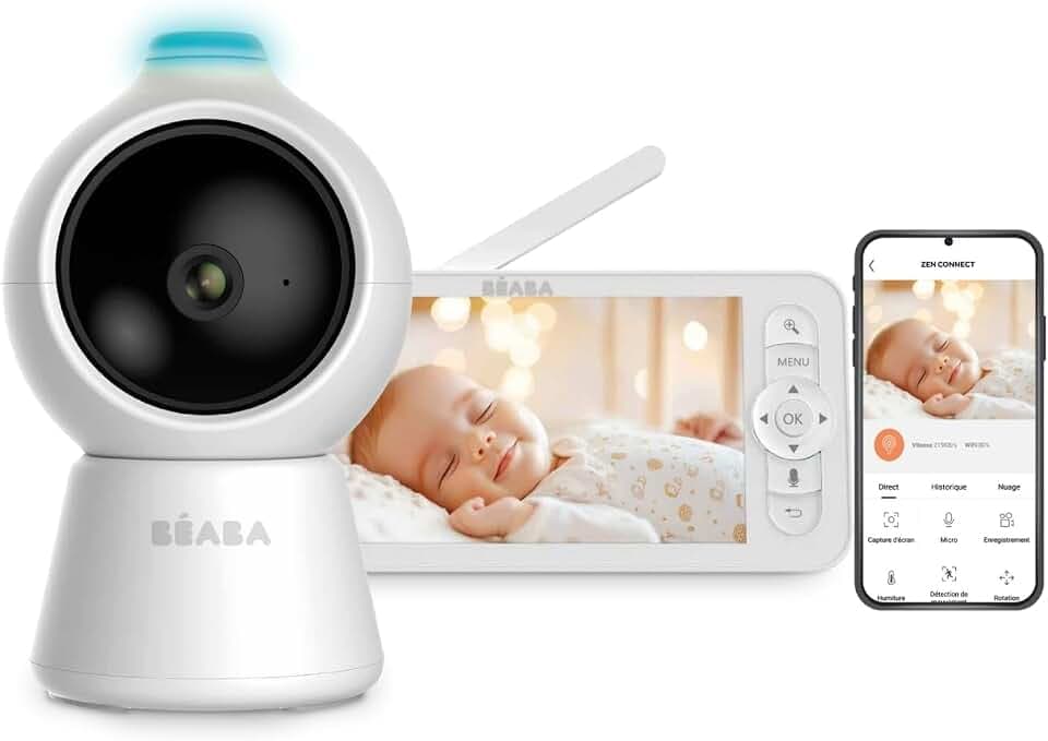 Béaba Zen Smart AI, Babyphone Video 3 In 1, 360° Kamera Full QHD 4MP, HD 720p Display, Mobile App, KI Drehungserkennung, Nachtsicht, Nachtlicht, Walkie-Talkie, VOX, Weiß