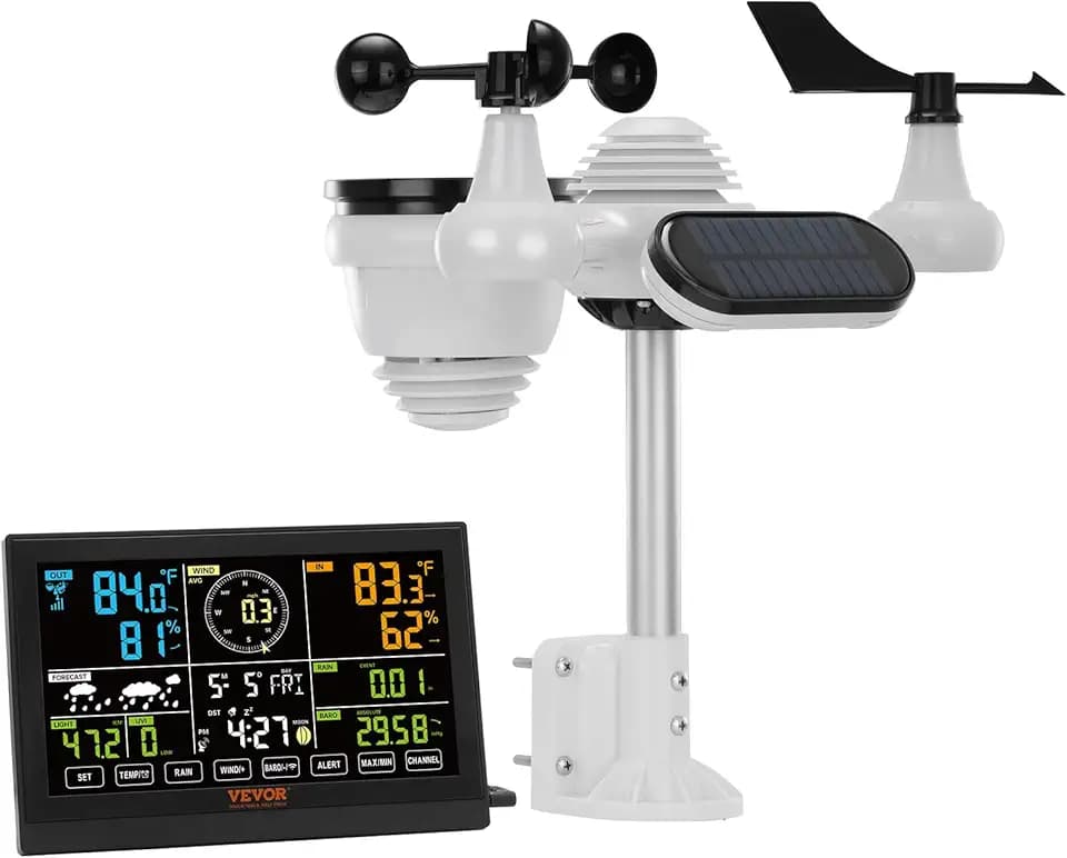 VEVOR 7-in-1 Wetterstation Funkwetterstation mit Außensensor 7,5" Farbdisplay RCC-Atomuhr zur Messung von Windrichtung Windgeschwindigkeit Luftdruck Innen/Außentemperatur und -feuchtigkeit Mondphase