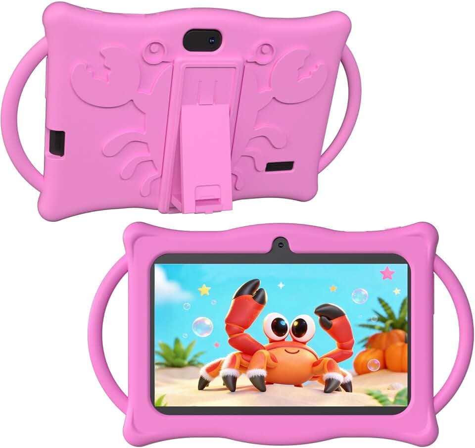 Android Kids Tablet 7 inch Tablets for Kids, 4GB RAM 32GB ROM Quad Core Toddler Tablet with Shockproof Case, Parental Control, WiFi, Bluetooth, 3000mAh Battery, Dual Camera, Educational, Game, Pink
