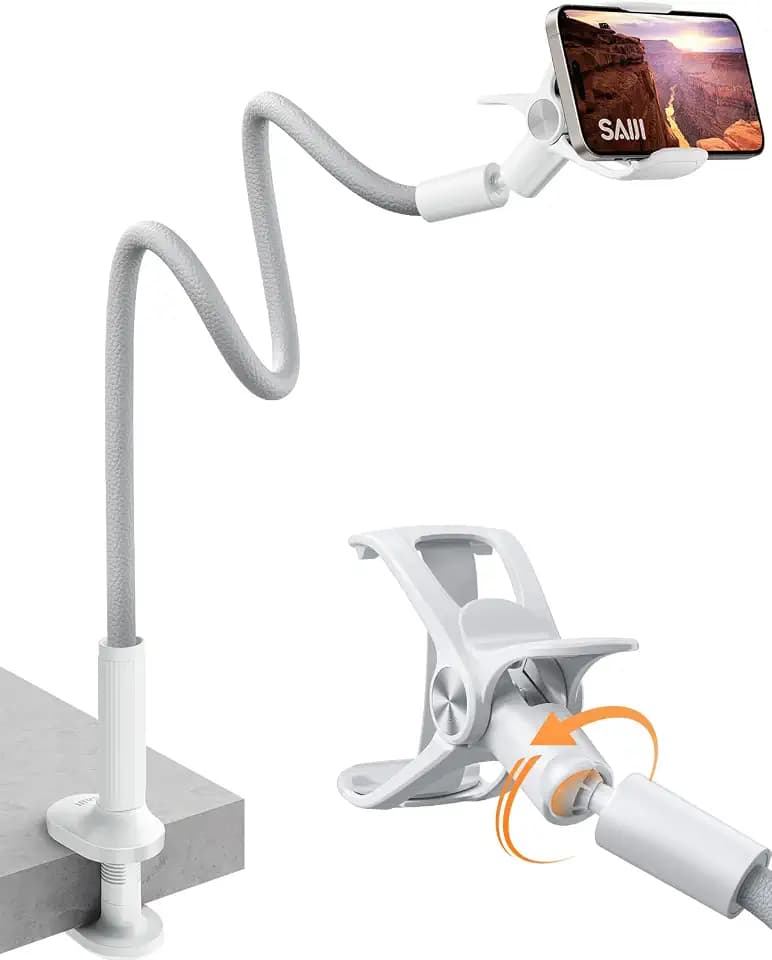 SAIJI Gooseneck Phone Stand for Bed, Lazy Bracket Cell Phone Holder Long Arm Clip Clamp Mount for Filming, Compatible with 4-7'' Mobile Cell Phone Stand Document Camera Nintendo Switch(Grey)