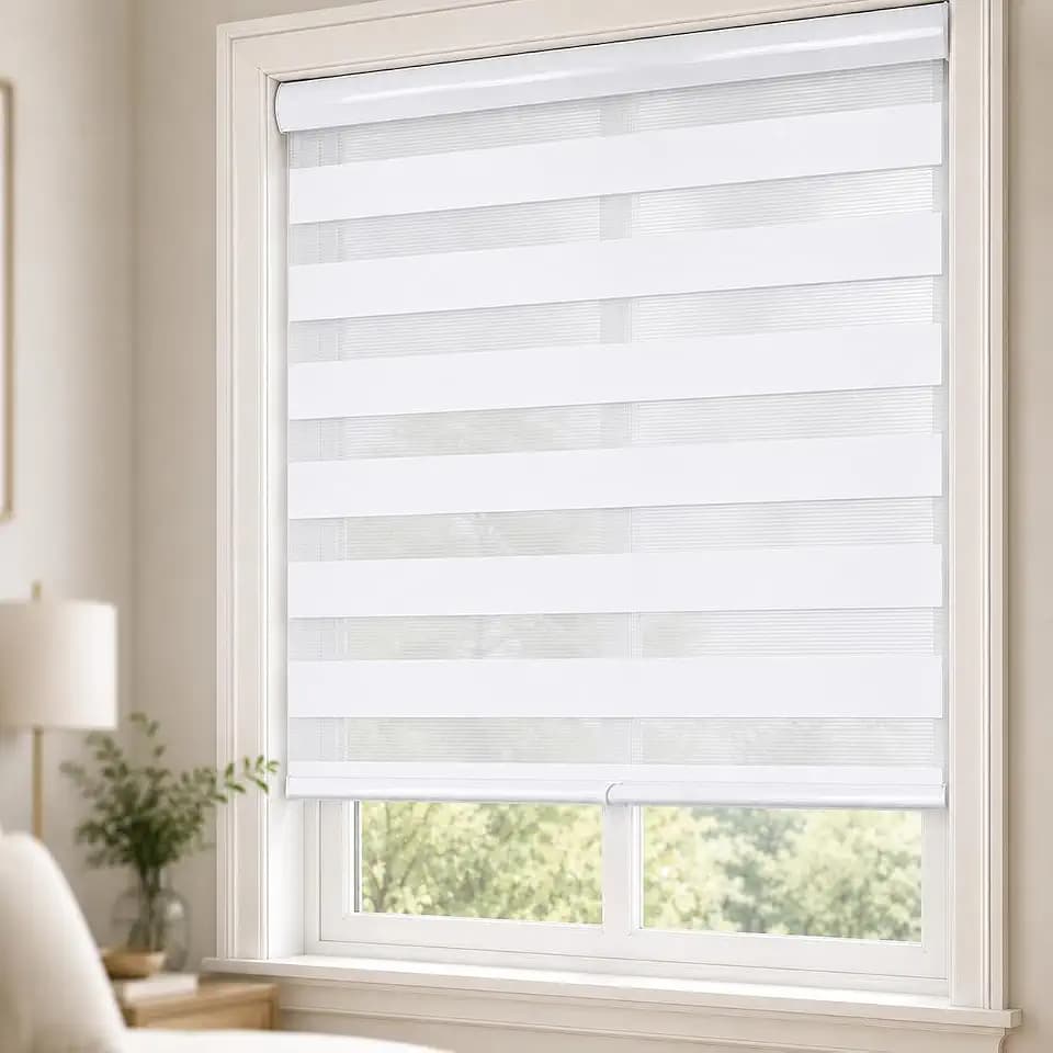ShadesU Cordless Zebra Blinds Roller Shades, White, 26.5" W x 72" H