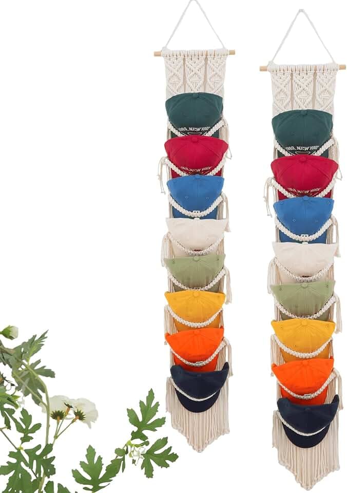 Macrame Cap Holder, Boho Hats Storage Organizer Rack,2Pcs-Eight hats