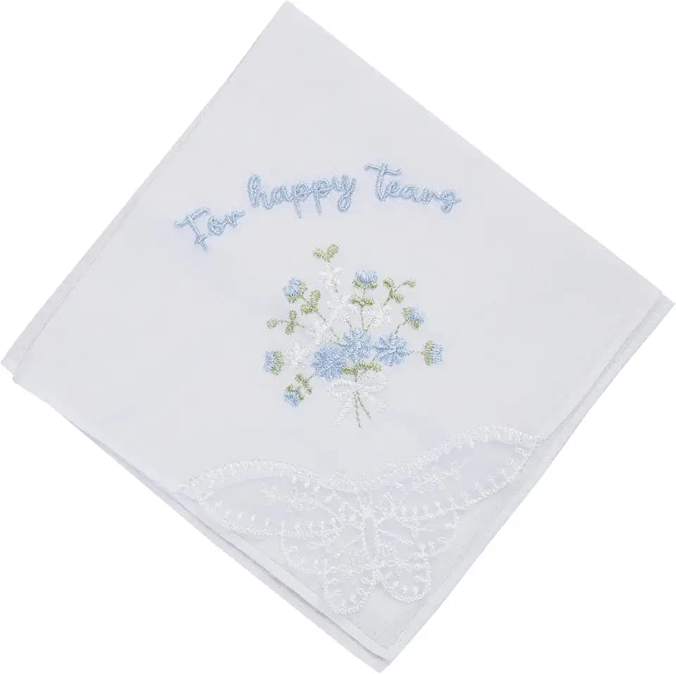 1 Stück Happy Tears Taschentuch für Frauen – 30 x 30 cm Hochzeitsgeschenk für Braut und Mutter – Blaue florale Spitze besticktes Baumwolltuch – perfektes Andenken für Braut, Junggesellinnenabschied