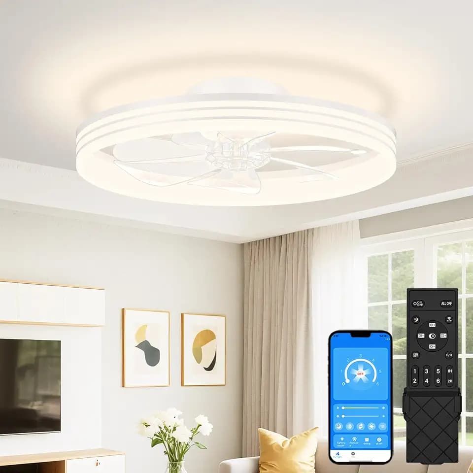 VOLISUN Low Profile Ceiling Fans with Lights and Remote, No Assembly, 20in Flush Mount Ceiling Fan with Light, 3000K-6500K Dimmable Fandelier LED Fan Light, Black Bladeless Ceiling Fans for Bedroom