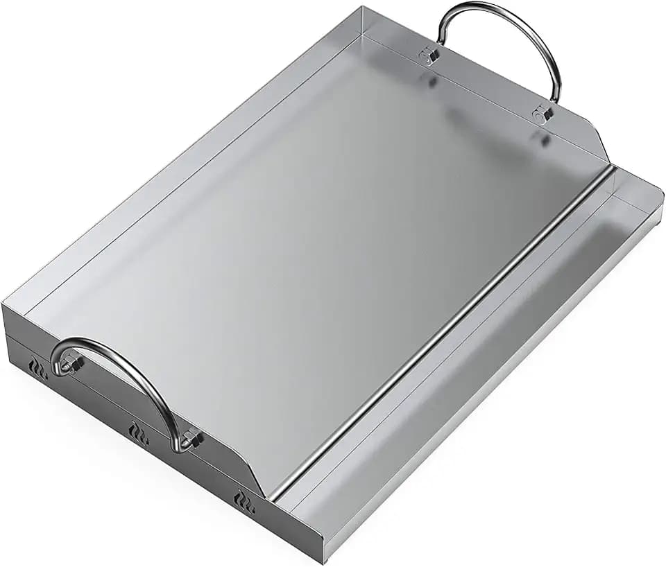 Onlyfire Universal Edelstahl Plancha Grillplatte 62,8x40,6cm | BBQ Griddle für Holzkohle Grillwagen, Gasgrill, Auffangrinne, Beidseitige Tragegriffe, Für Gas- & Holzkohlegrills