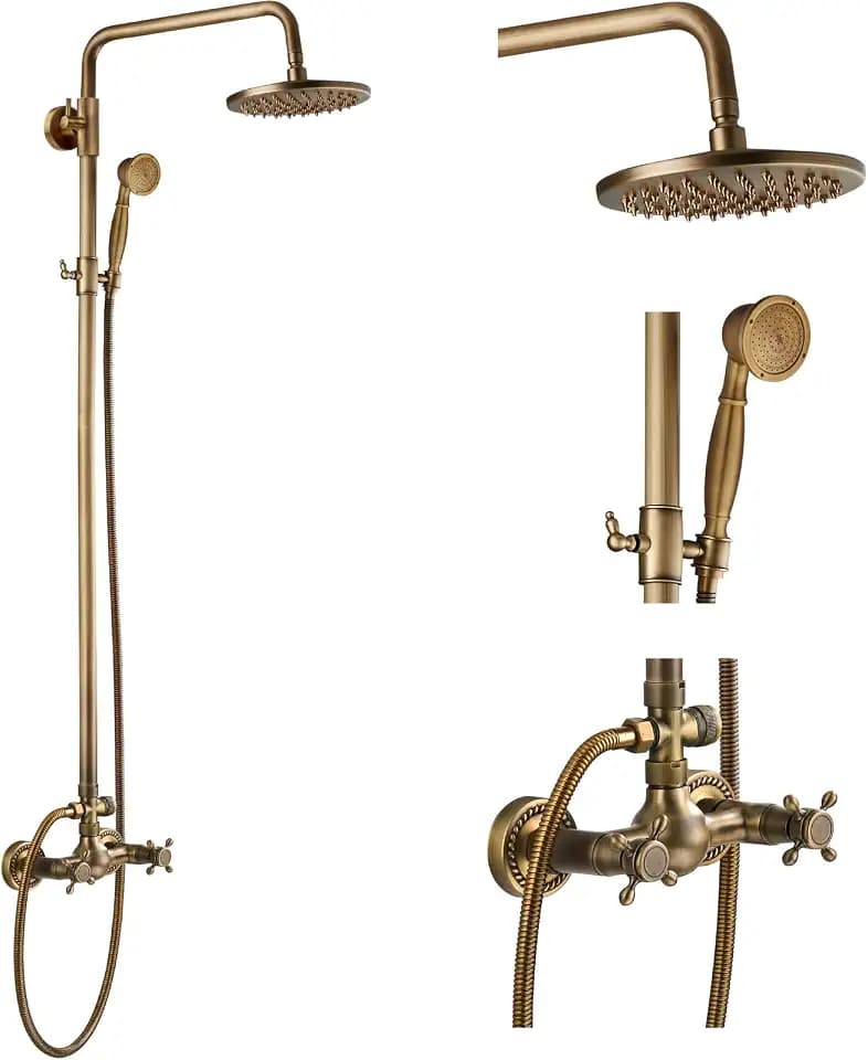 gotonovo Exposed Shower System 8’’ Head with Handheld Antique Brass