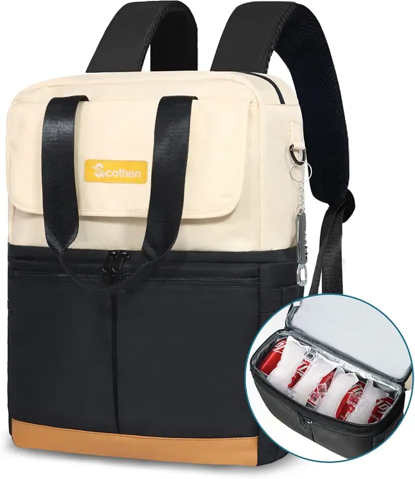 Scothen Backpack Cooler with Double Decker & 12 Ice Packs- Keeps 36 Cans Cold for Up to 24 Hours- Waterproof & Leak Proof Insulated Cooler Backpack- Stylish Cooler Bookbag for Women Travel Work Beach