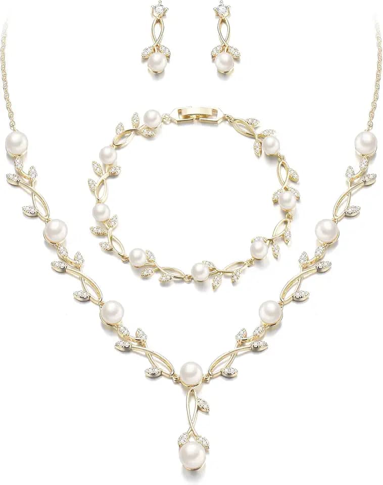 EVER FAITH Cubic Zirconia Pearl Leaf Bridal Jewelry Set for Bride Women