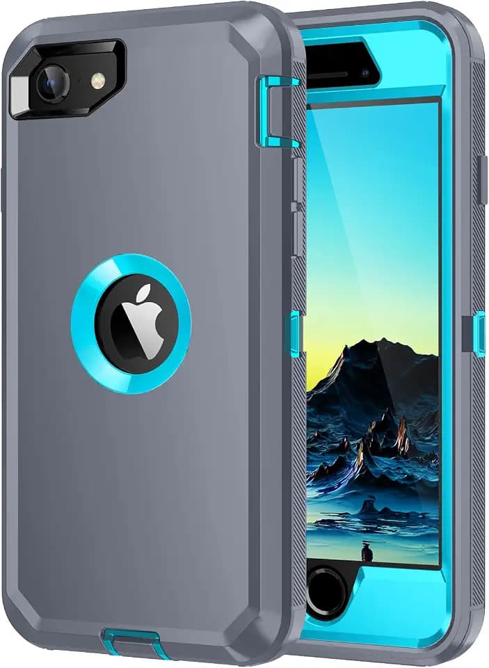 for iPhone SE 2022/2020 Case,[Built in Screen Protector] Heavy Duty Shockproof[3 Layers] Full Body Protection Rugged Cover Case for iPhone SE,Grey/Turquoise