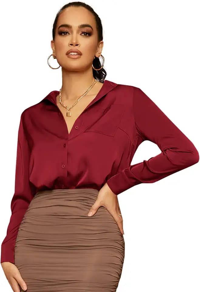 Floerns Women's Satin Long Sleeve Button Up Blouse Work Office Silky Shirts Tops