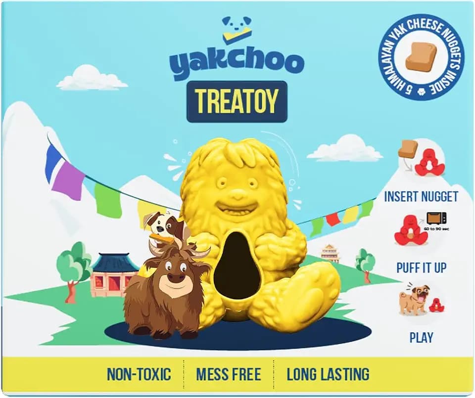 Treatoy for Dogs BPA Free Interactive Chew Toy with Natural Himalayan Cheese Treat Durable, Gentle on Gums, Fun Training & Dental Toy Includes 5 Yak Cheese Nuggets (Yellow)