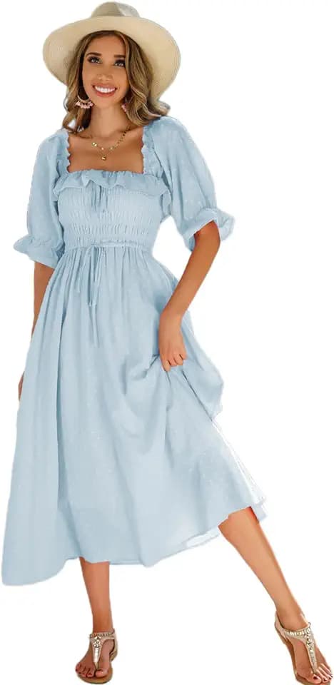 R.Vivimos Damen Polka Dot Slim Half Sleeve Puff Flare Sleeve Square Neck Tie Langes Midikleid
