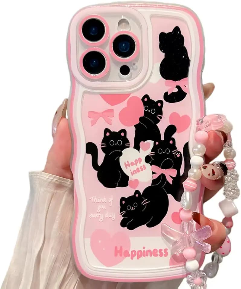 for iPhone 15 Case, Cute Black Cat Love Heart Bow Pattern
