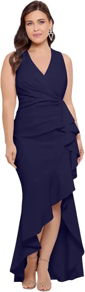 Betsy & Adam Women's V-Neck Hi Low Sleeveless Floor Length Cascade Dress with Draped Ruffle
