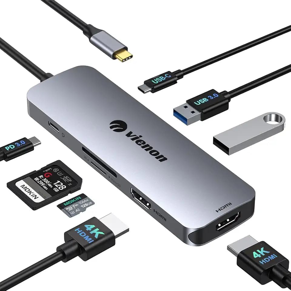 VIENON Docking Station Dual Monitor, USB C Hub Dual HDMI Adapter for 2 Monitors with 2 4K HDMI, 2 USB 3.0 5Gbps, SD/TF Card Reader, PD 100W, USB C Ports Comaptible for MacBook, Dell, HP, Surface