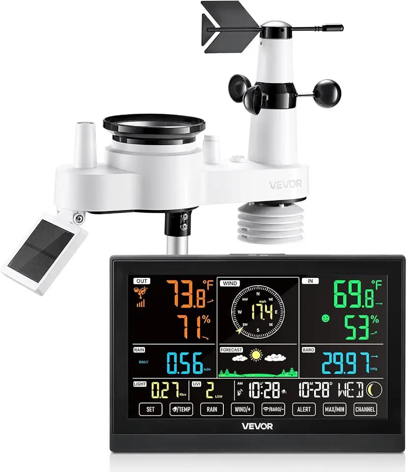 VEVOR 7-in-1 Wireless Weather Station, 7.5-Inch VA Display, Solar Powered Outdoor Sensor, Rain Gauge, Indoor Outdoor for Weather Forecast, Temperature, Humidity, Wind Speed and Direction (No WiFi)