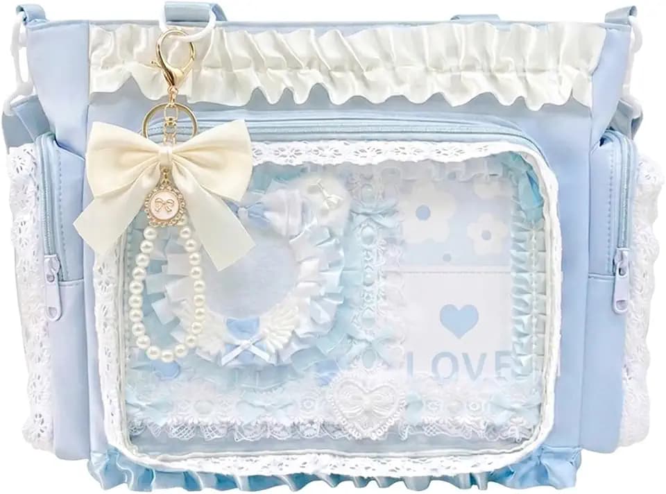 Ita Bag with 3 Bag Charms - Clear Window Y2K Kawaii Lace Crossbody Bag for Pins & Button Badges, Gift for Anime Fans