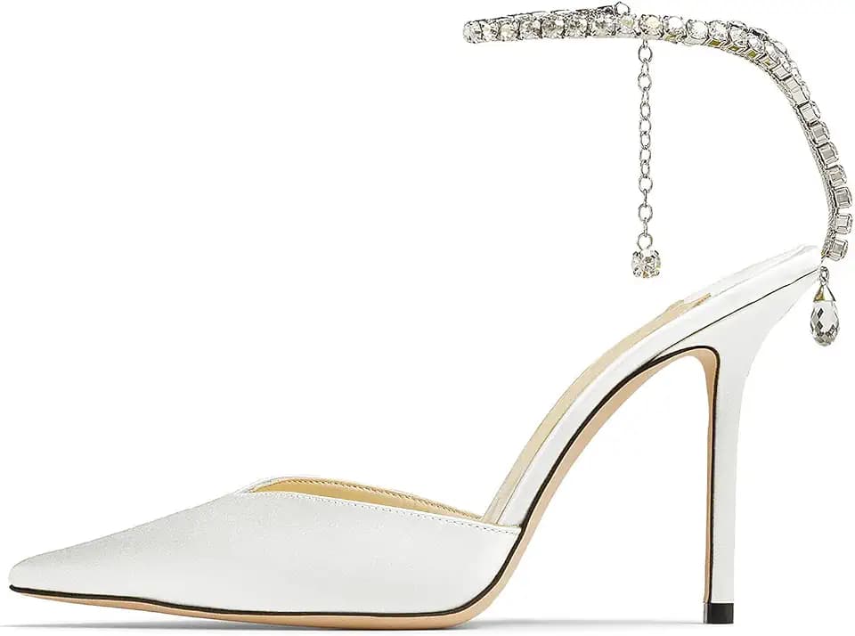 BlingQueen Women's Heeled Sandals Crystal Chain Rhinestone Embellished Strap Pumps Pointy Stilettos Backless Wedding Dressy Bridal Shoes