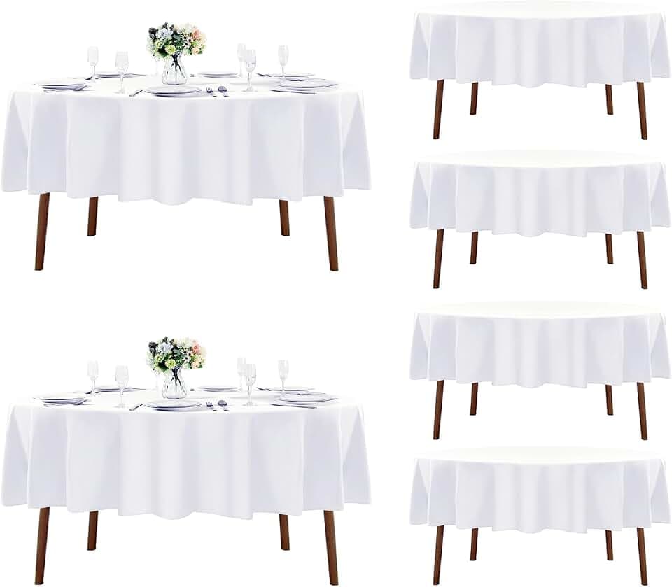 Fokitut 6 Pack Round Tablecloth, 90 Inch, Stain Resistant and Wrinkle Polyester Table Cloth, Fabric Table Cover for Kitchen Dining, Wedding, Party, Holiday Dinner-White