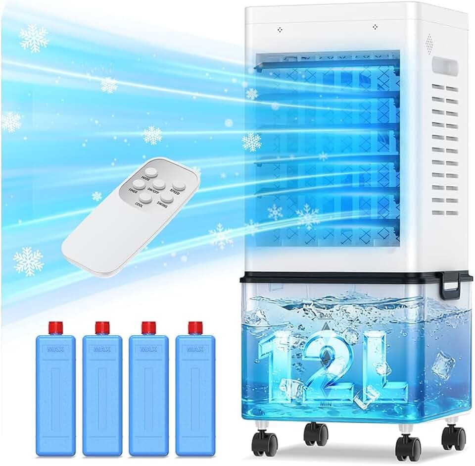 Klimaanlage Mobil 45W, 3-seitiger Klimaanlage Ohne Abluftschlauch, 6 Modi, 12L Abnehmbarem Tank, 60/120° Oszillation, 24h Timer, Leise, Fernbedienbar, Verdunstungskühler für Zuhause Schlafzimmer