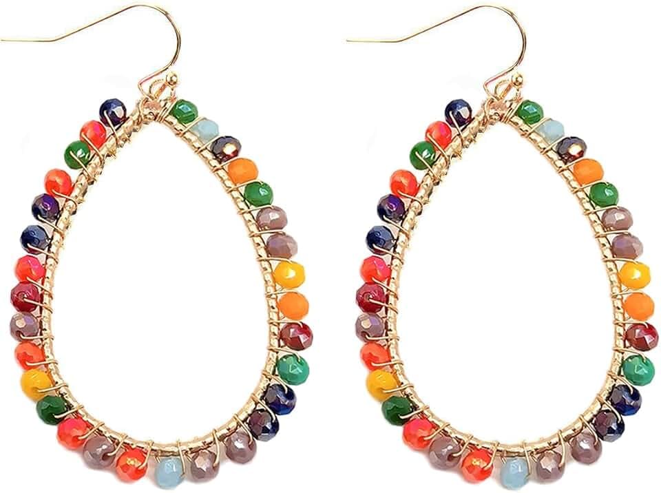 Bohemian Boho Beaded Teardrop Dangle Drop Earrings Hollow Sparkly Crystal Gold Wire Wrapped Crystal Earrings for Women Statement Jewelry