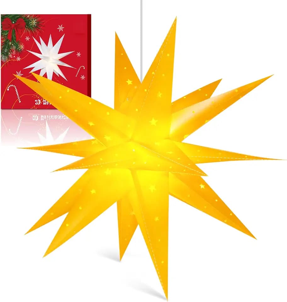 Sky angle 3D Weihnachtsstern Beleuchtet Batterie mit Timer für Fenster - 45cm Dekorieren von Weihnachtsbaum, Gelb led Weihnachtsstern für Innen, Außen, Innenhof, Balkon Und Garten
