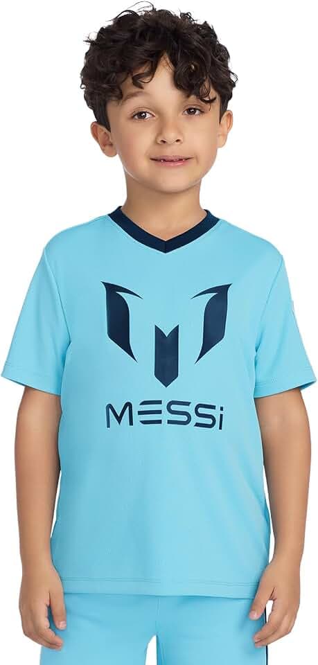 Messi Boys' Lifestyle Short Sleeve Top, Loose-fit V-Neck Shirt with Logo
