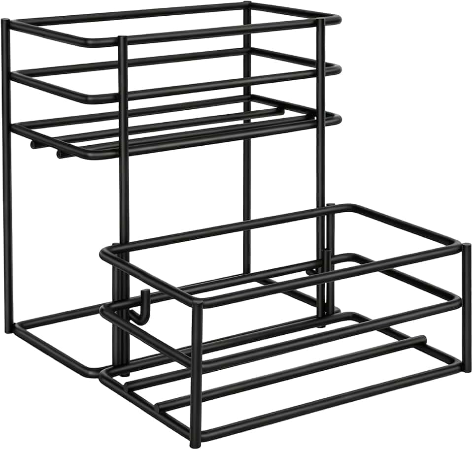 Countertop Syrup Bottle Holder, Black Metal Coffee Station Organizer Rack for Kitchen Counter and Condiment Storage Vinegar Holder