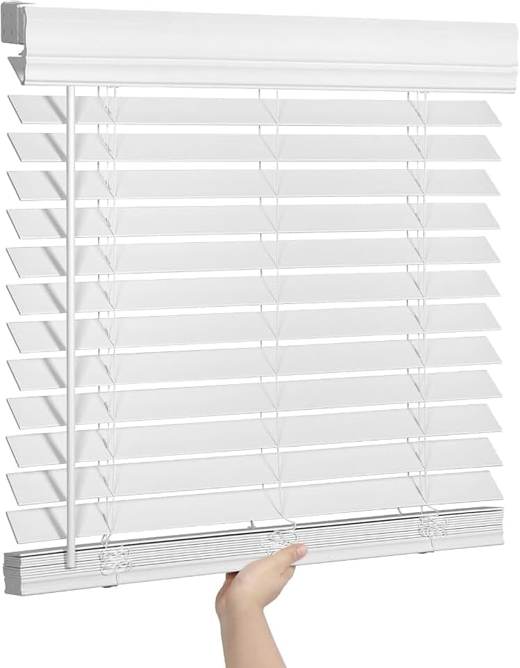 SEEYE 2 Inch Faux Wood Blinds for Indoor Windows with Crown Valance, Cordless Room Darkening Window Blind, 43" W x 60" H, Horizontal Wooden Shades for Bedroom, Kitchen, Office, Doors, White