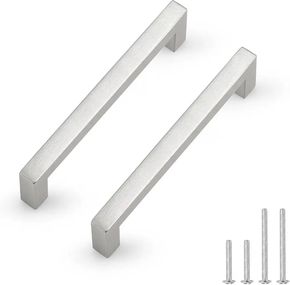 Probrico 10 Pack Hole Centers 5 inch Brushed Nickel Kitchen Cabinet Handles,Square Corner Bar Drawer Pulls,Stainless Steel Dresser Pull Handle 5.5inch Length